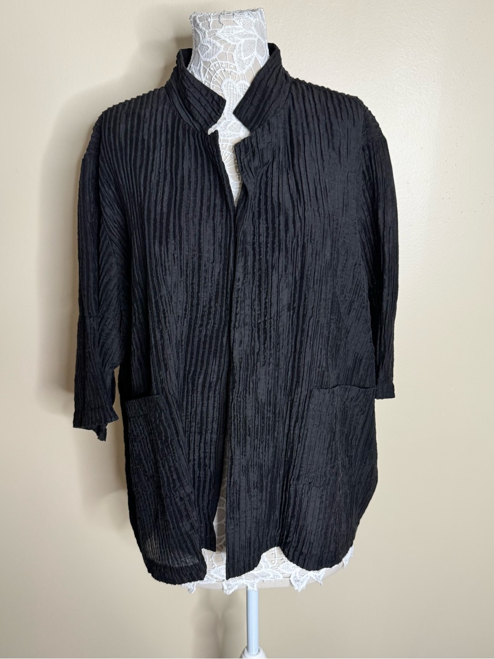 Eileen Fisher Tensel Crinkle Textured Open Front Jacket Topper Black size 3X